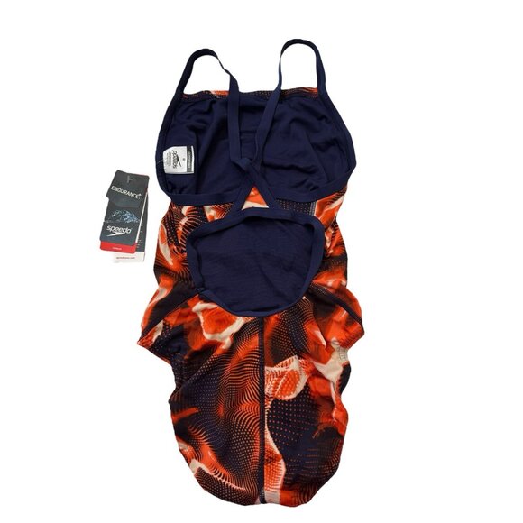 Speedo Endurance+ Flash Time Flyback Swimsuit Women 28 Orange Navy Athletic NEW - Picture 2 of 13